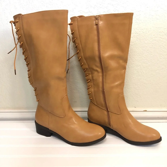 Tan Riding Boots Corset Lace Up Back Mid Calf Knee High Block Heels size 8 New - Picture 1 of 10